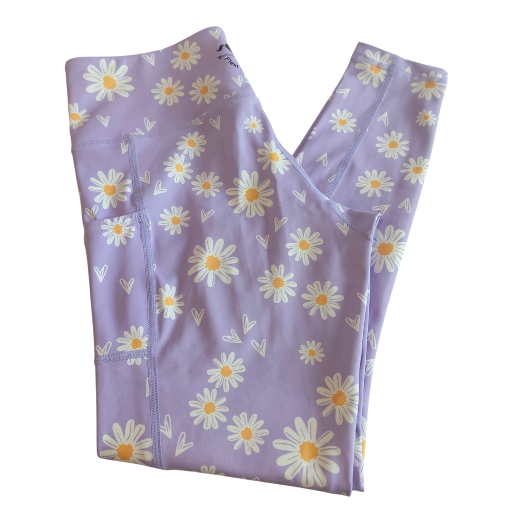 Flexi Lexi Purple Daisy & Heart Print Leggings Tights W/Pockets UPF 50+ Size S